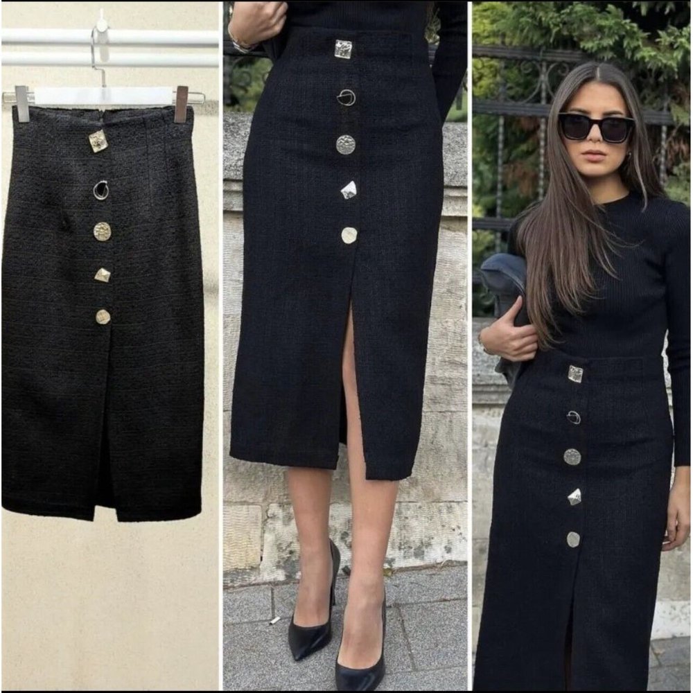 ZARA HIGH-WAISTED TEXTURED TWEED BUTTON STRAIGHT PENCIL SKIRT BLACK MEASUREMENTS